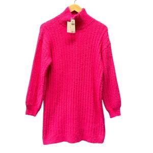 Anthropologie Flat‎ White Dress Pink Turtleneck Pullover Fuzzy Knit Small NEW